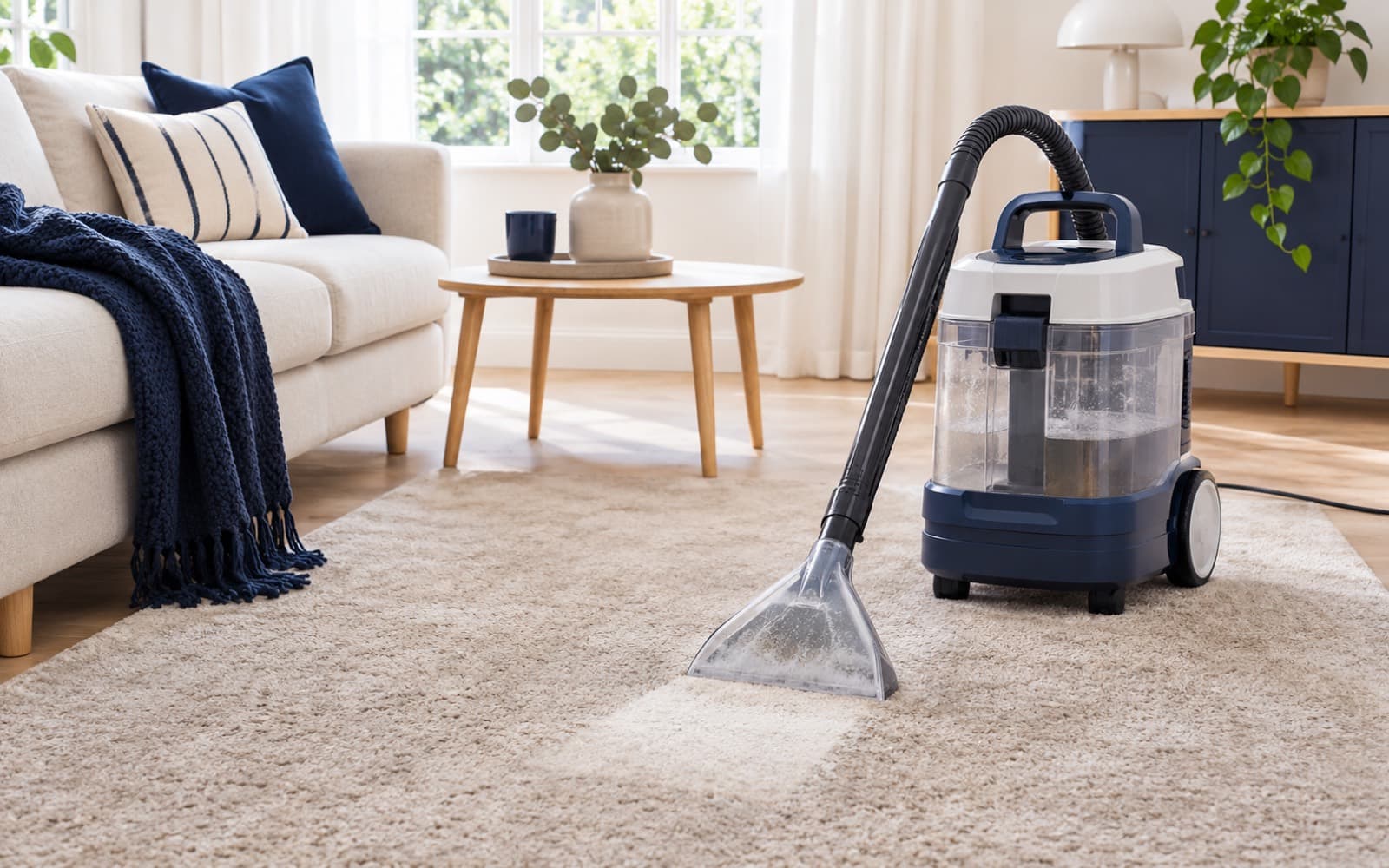 Nasssauger im Wohnzimmer neben einem Teppich