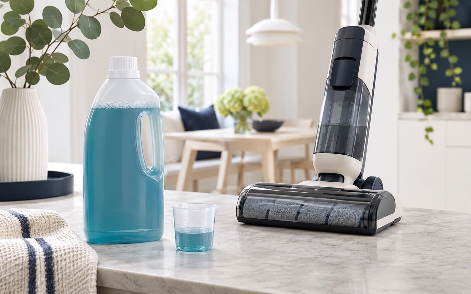 Neutrale Reinigungsmittelflasche und Messbecher neben einem Wischsauger