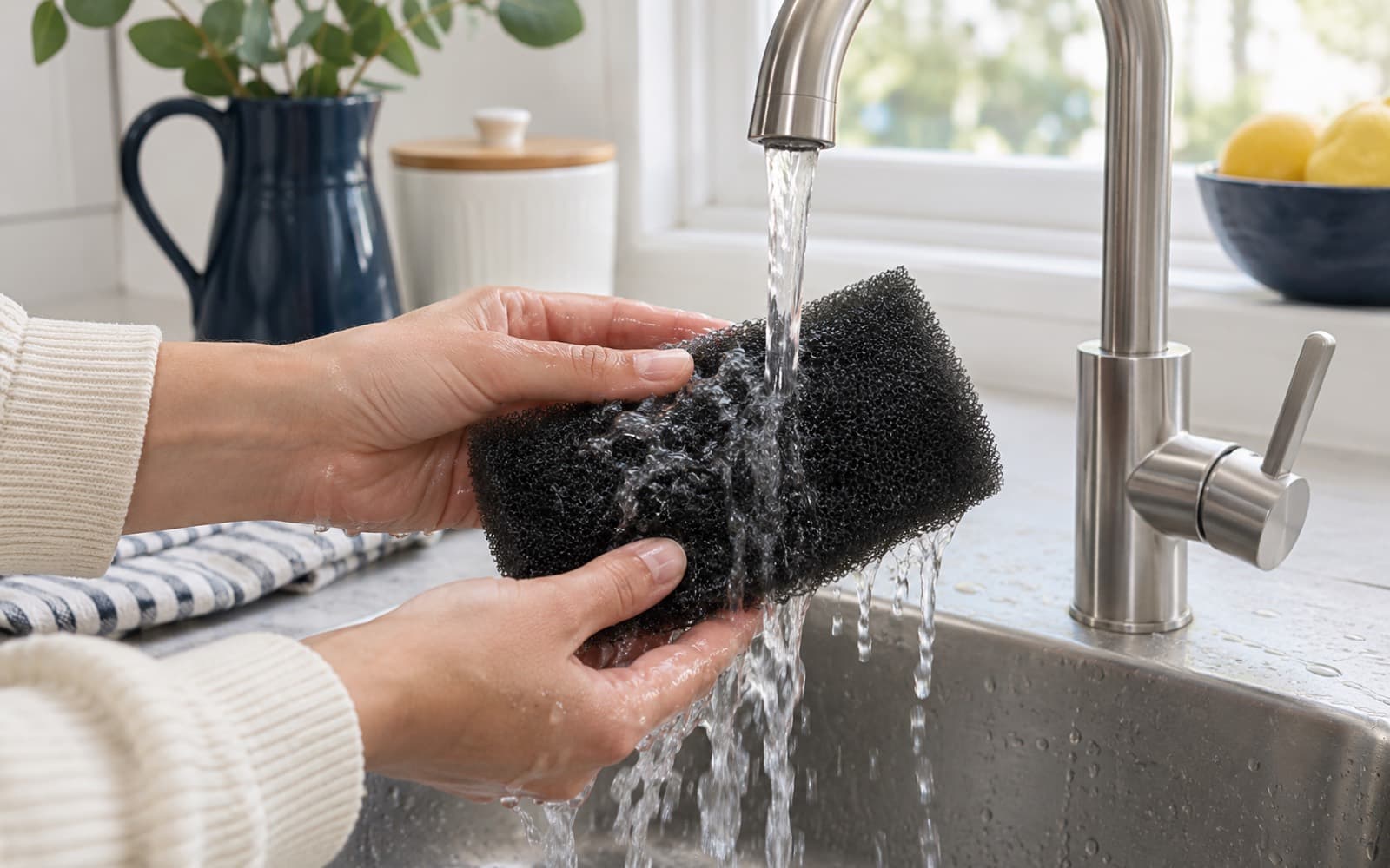 Filter wird unter fließendem Wasser gespült